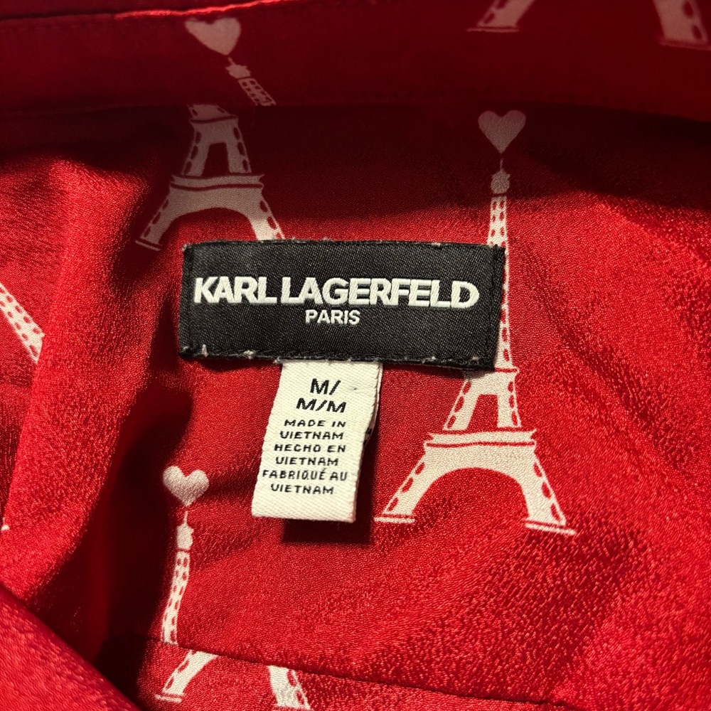 Karl Lagerfeld Red Eiffel Tower Print Button Down Shirt Women’s Sz Medium - Picture 6 of 8